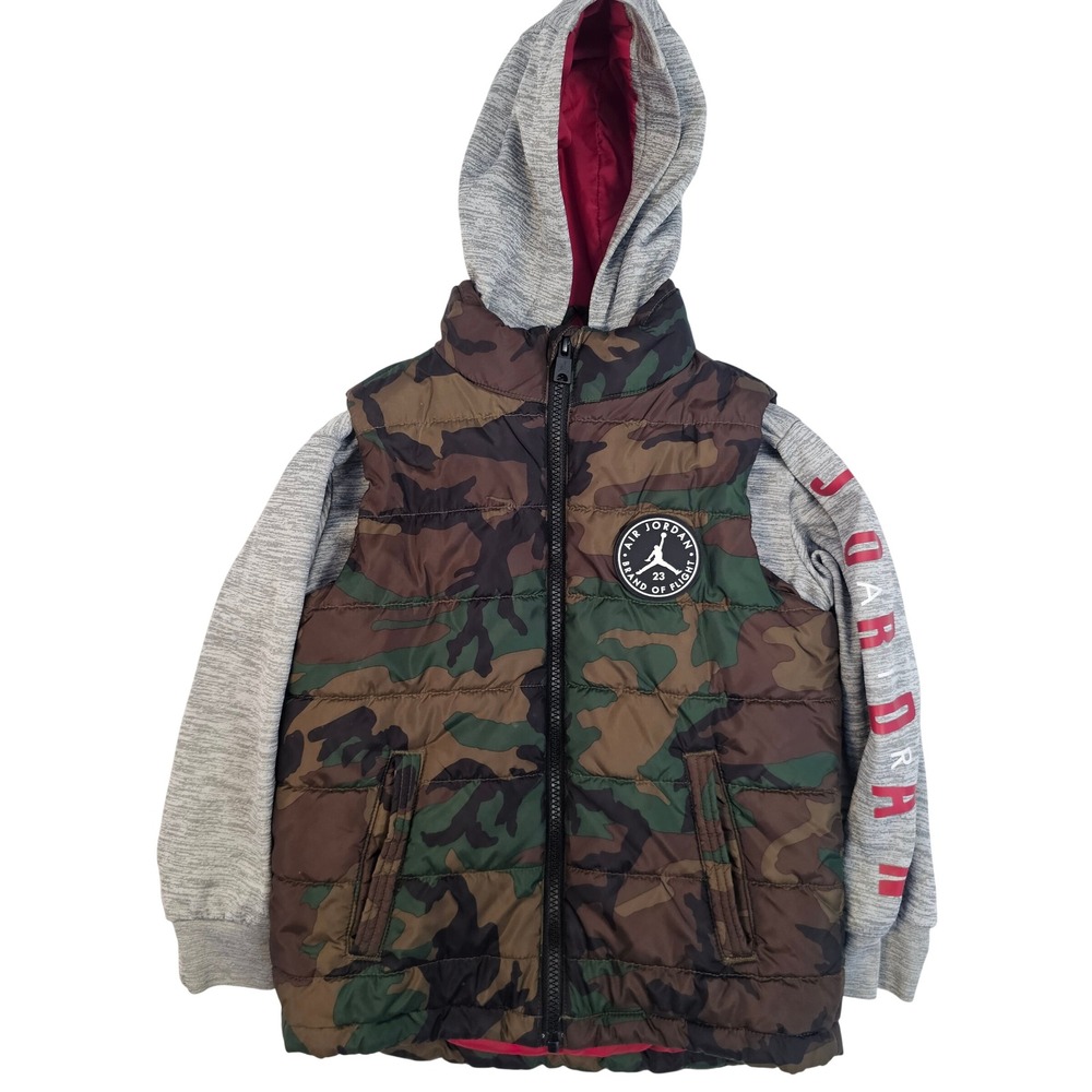 Jordan Boys Camo Puffer Vest Hoodie Jacket Grey Red 4-5 Years